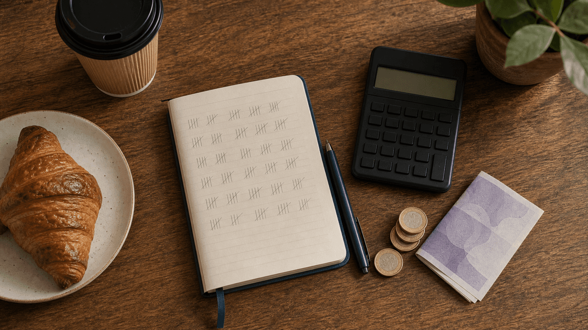 Overhead flat-lay of a café counter with a handwritten sales tally, calculator, takeaway coffee and coins