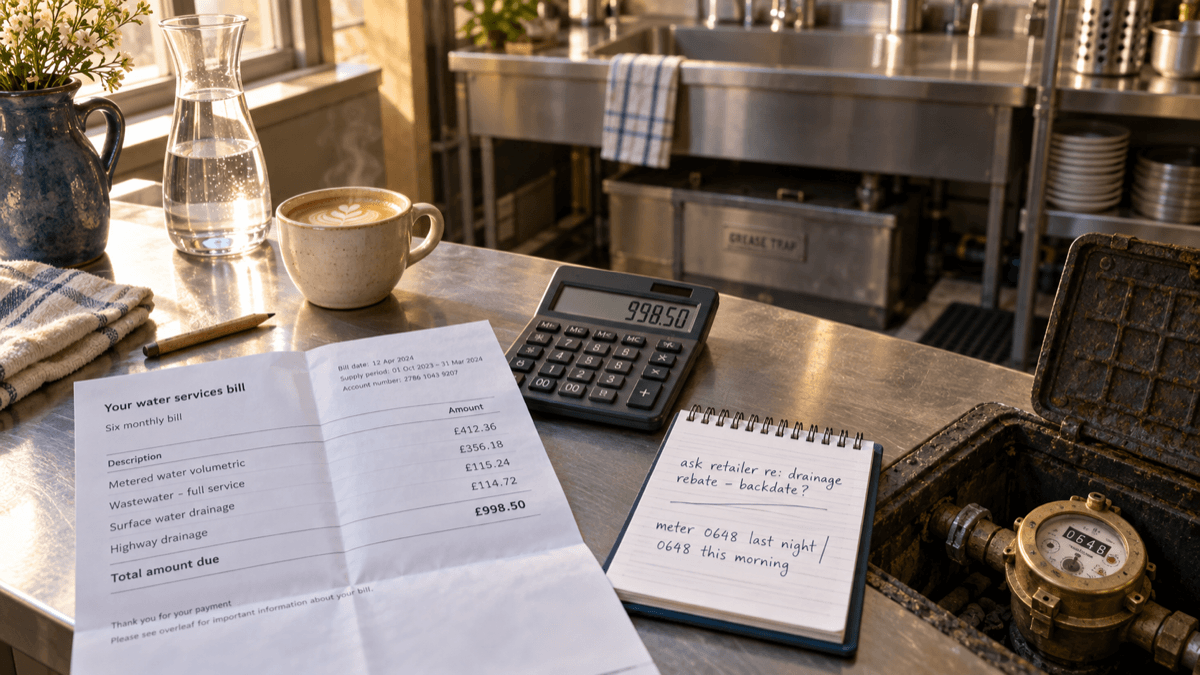 A café back-of-house scene with a water meter in an open floor box, a printed six-monthly water bill on a stainless counter, a calculator and a flat white in warm morning light