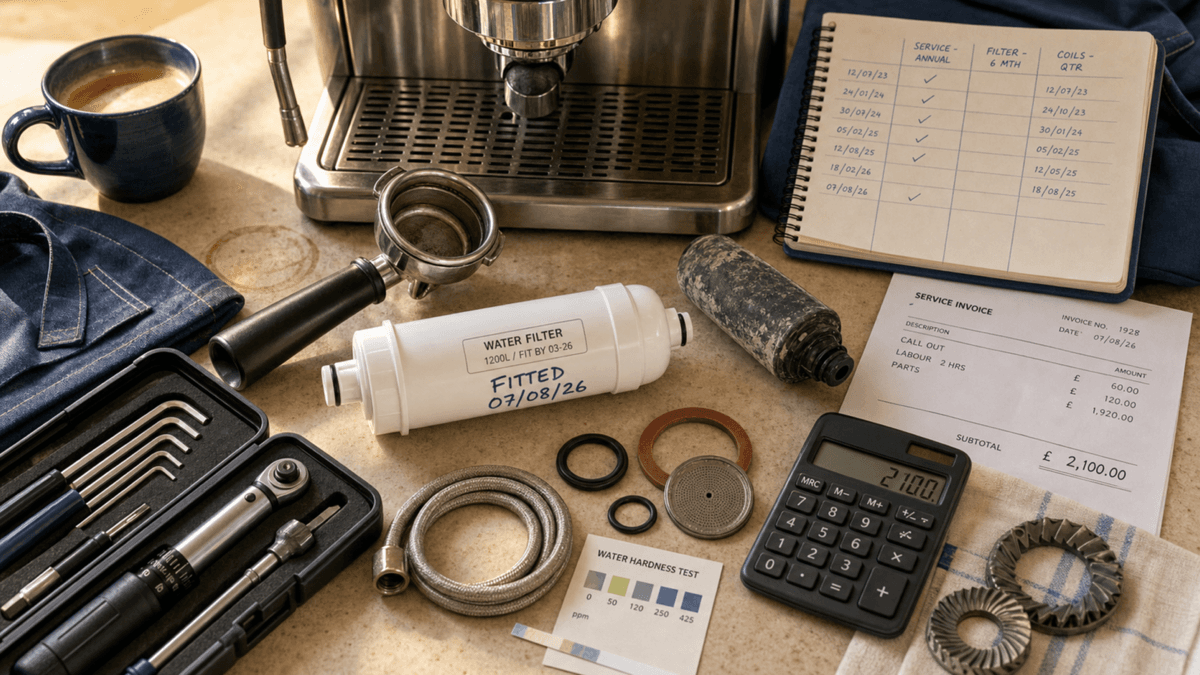 An engineer's toolkit and a replacement water filter cartridge laid out beside a commercial espresso machine group head, with a handwritten service log open on the counter