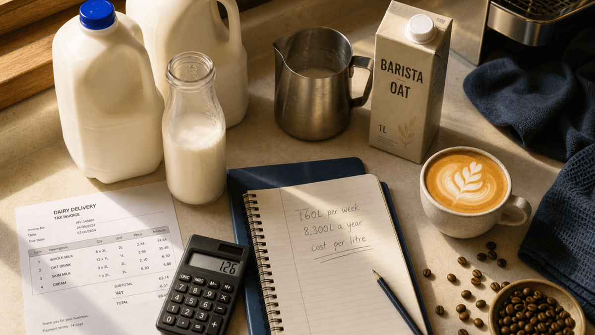 Overhead flat-lay on a café counter with two-litre milk bottles, a steel steaming pitcher, a printed dairy delivery invoice, a calculator and a handwritten note working out cost per litre