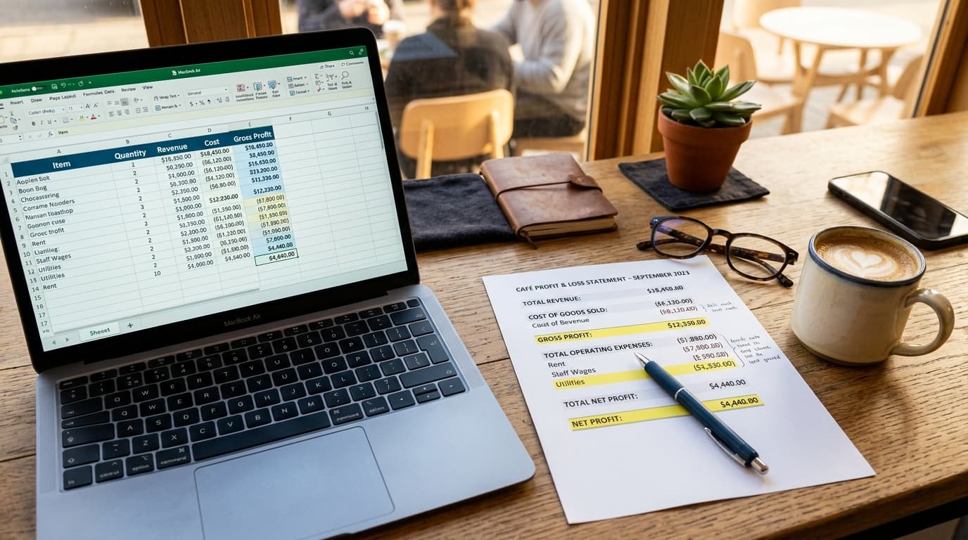 Overhead view of a café owner's desk with a printed profit and loss statement, laptop, coffee, reading glasses, and a pen