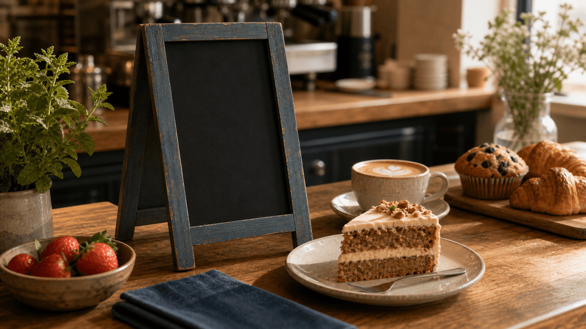 Café counter with a blank chalkboard A-frame sign beside a plated slice of cake and a coffee