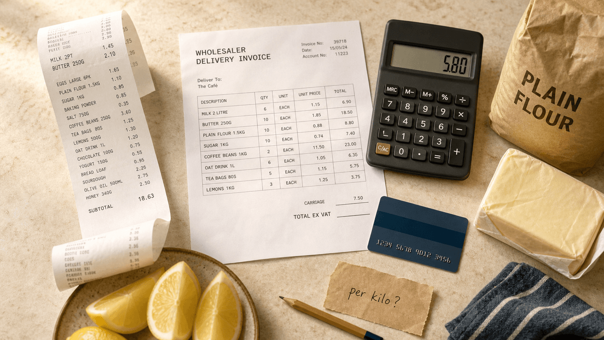 Overhead flat-lay on a café counter with a long supermarket till receipt, a printed wholesaler invoice, a cash and carry membership card, a calculator, and fresh produce grouped beside each paper