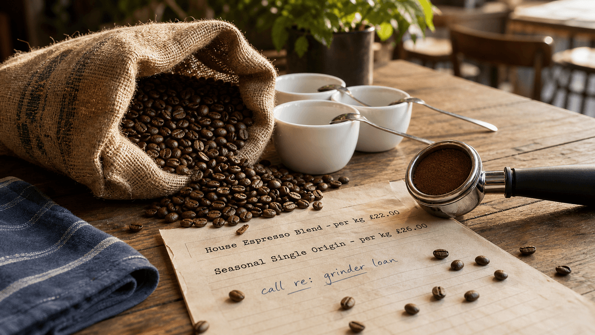 Warm café scene with an open sack of roasted beans, cupping bowls and tasting spoons on a wooden table, a printed wholesale price list, and a portafilter resting beside them