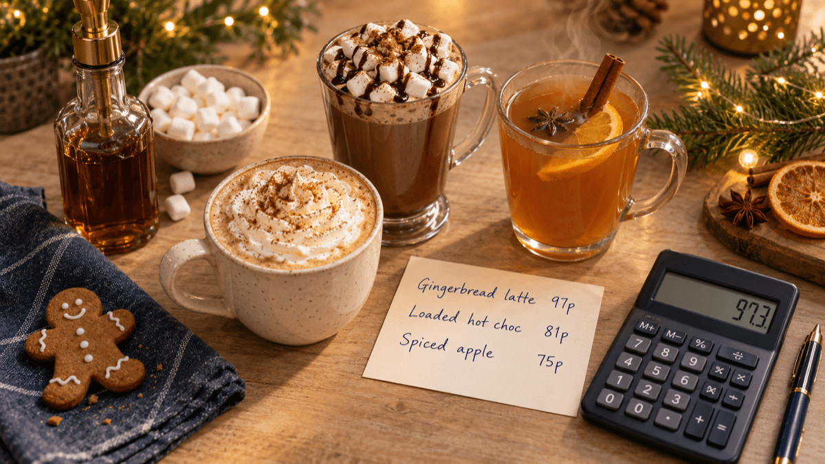 Overhead flat-lay on a wooden café counter of a gingerbread latte topped with whipped cream, a hot chocolate piled with mini marshmallows and a glass mug of spiced apple with a cinnamon stick and orange slice, beside a syrup bottle with a pump, a gingerbread biscuit, a calculator reading 97.3 and a handwritten card listing Gingerbread latte 97p, Loaded hot choc 81p and Spiced apple 75p, in warm golden light