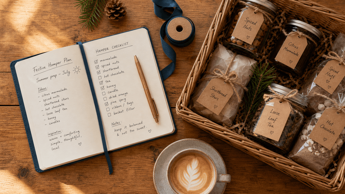 Overhead flat-lay of a summer café table with a notebook of festive plans, a hamper basket, ribbon and a flat white in warm July light
