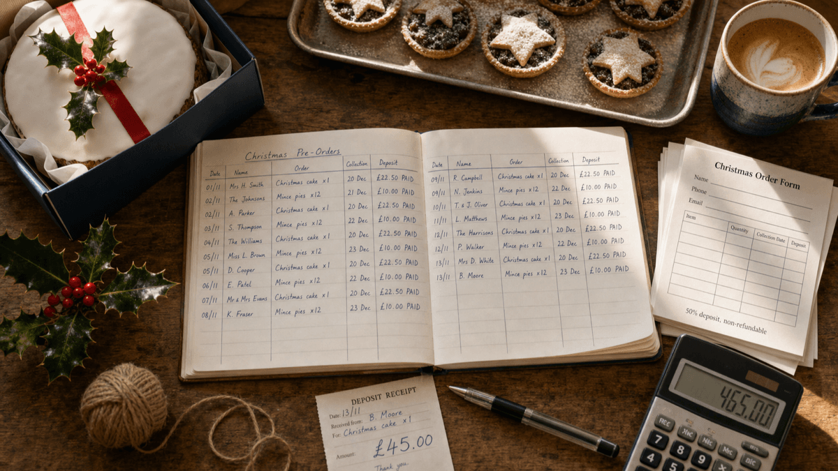 Overhead flat-lay of a bakery counter with a handwritten Christmas pre-order book, a boxed iced Christmas cake, a tray of mince pies, a deposit receipt and a calculator in warm golden light
