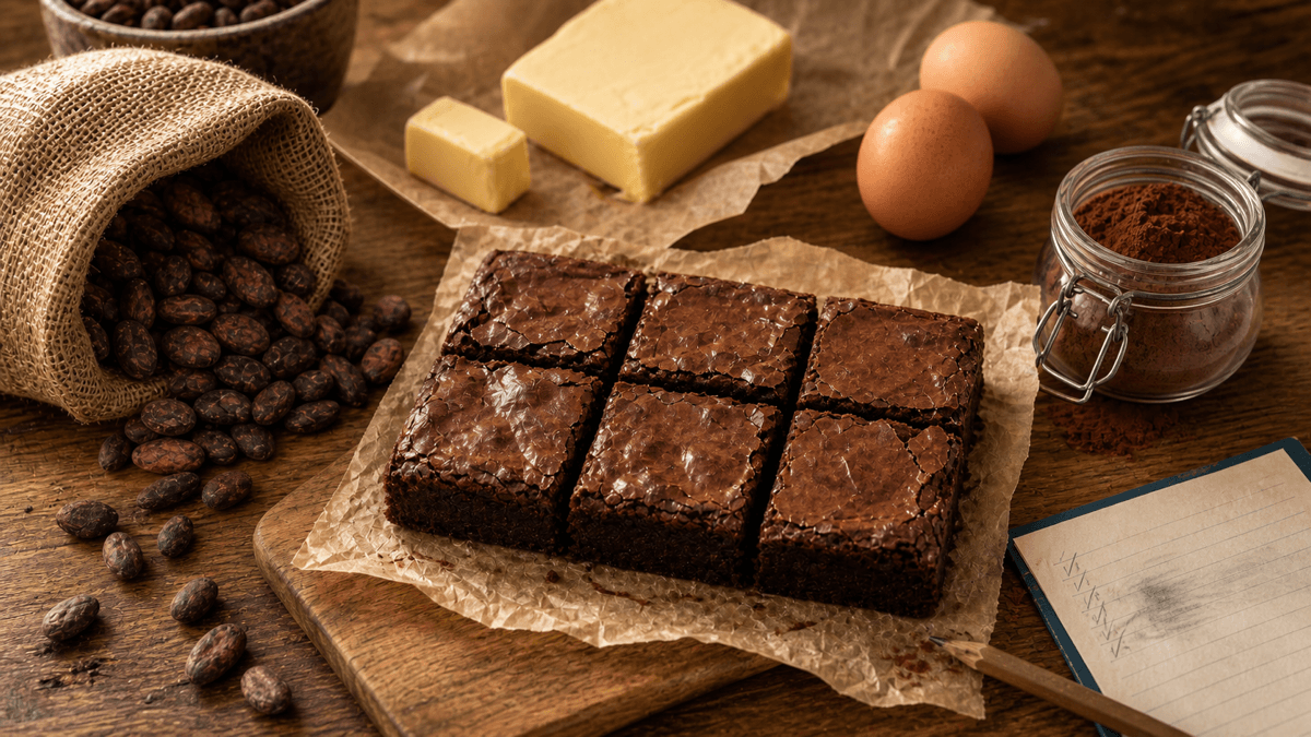 Overhead flat-lay of cacao beans, fresh brownies, butter, eggs and a recipe card on a baker's workbench