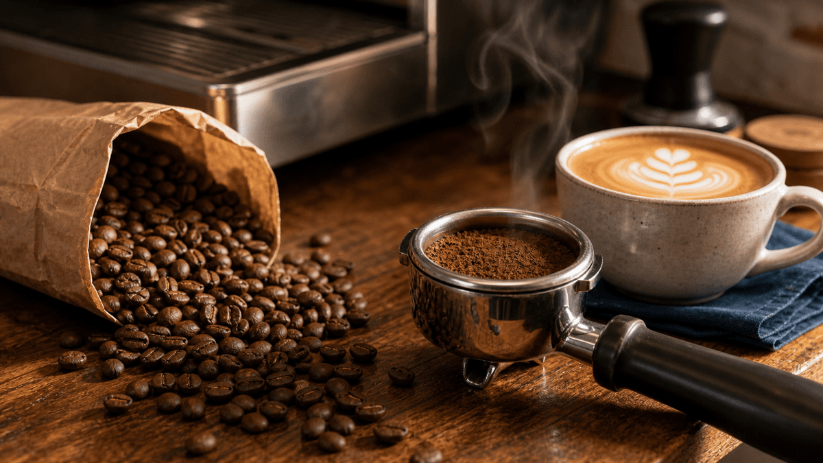 Close-up of roasted coffee beans spilling from a kraft bag beside a filled portafilter and a flat white