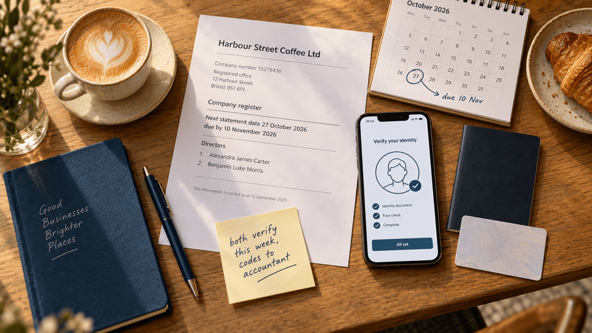 A café table in soft morning light with a printed company register page showing a confirmation statement date of 27 October, a smartphone on an identity check screen, a desk calendar with late October circled, a handwritten note and a flat white