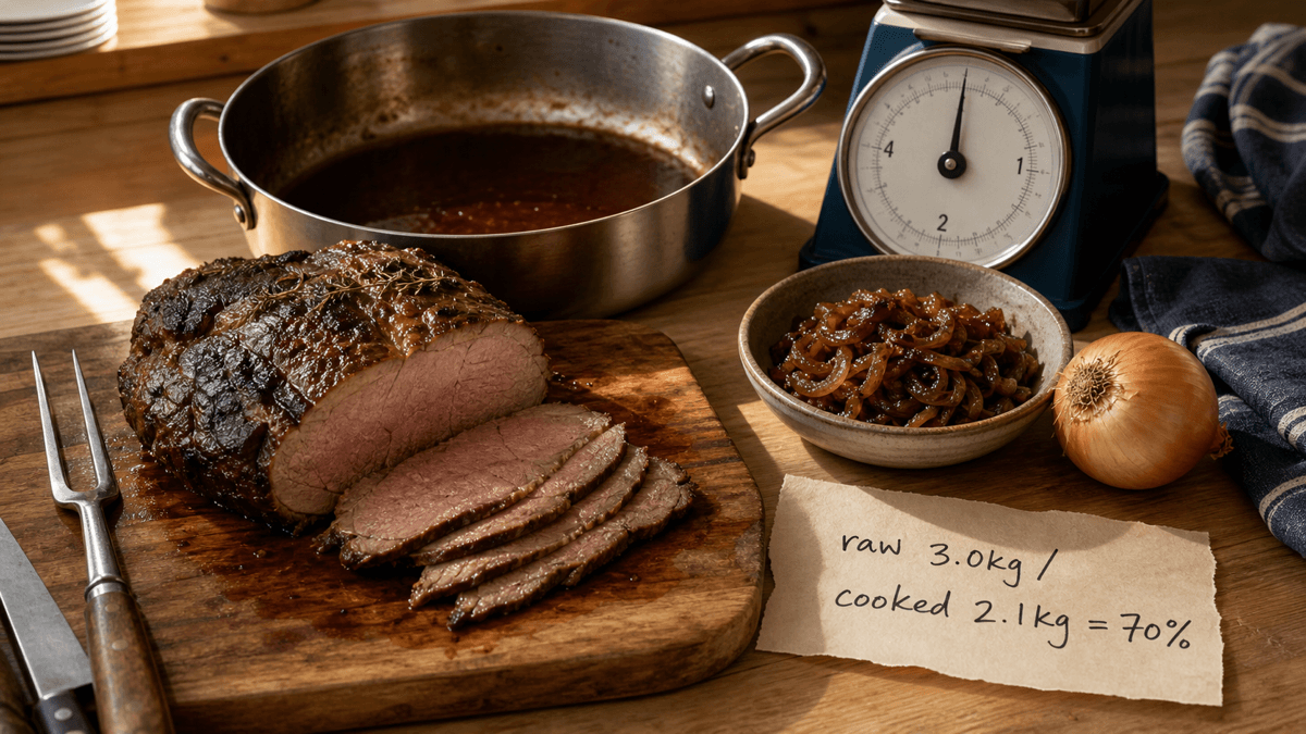 A slow-roasted joint of beef beside a heavy pan of reduced jus and a batch of collapsed caramelised onions on a café kitchen bench, with a handwritten yield note showing raw and cooked weights, warm golden light