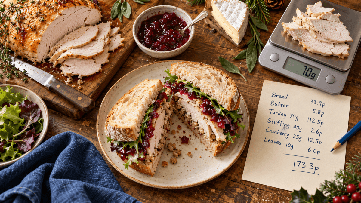Overhead view of a turkey, stuffing and cranberry sandwich on thick bread cut in half on a wooden board, beside a partly carved roast turkey crown, a small bowl of cranberry sauce, a wedge of brie, sage leaves, a kitchen scale reading 70g and a handwritten build card totalling 173.3p, with festive greenery in warm golden light