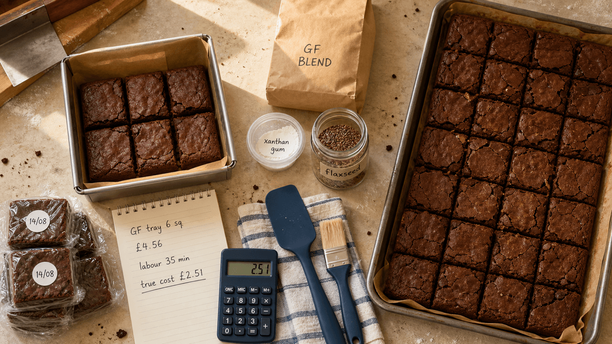Overhead flat-lay of a café bakery bench with a small tray of gluten-free brownies beside a larger standard tray, a bag of gluten-free flour blend, a tub of xanthan gum, dedicated blue-handled utensils and a handwritten costing sheet, warm golden light