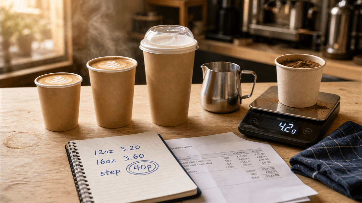 Three takeaway coffee cups in ascending sizes lined up on a café counter beside a milk jug, digital scales and a handwritten note comparing size prices, warm cream tones and soft golden light