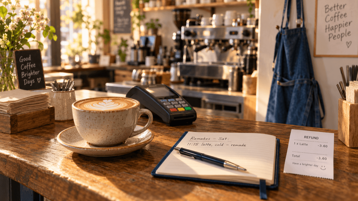 A café counter in warm morning light with a freshly remade latte in a ceramic cup beside the till, a small notebook open to a handwritten remake and refund log, and a printed till receipt marked with a refund line