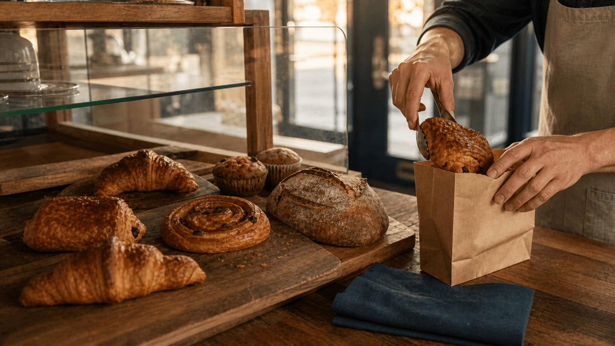 Bakery counter near closing time with a few unsold pastries being placed into a paper bag