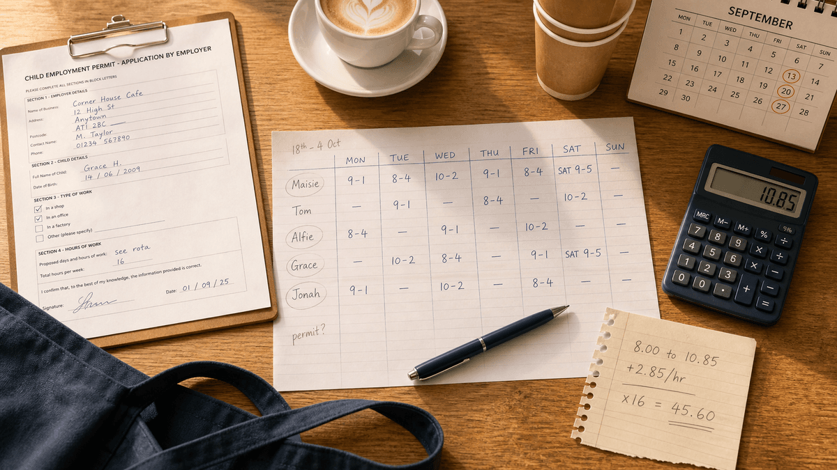 Overhead flat-lay of a café counter with a handwritten September rota showing names and shift times, a council work permit form, a calculator showing an hourly rate, a pen and a flat white