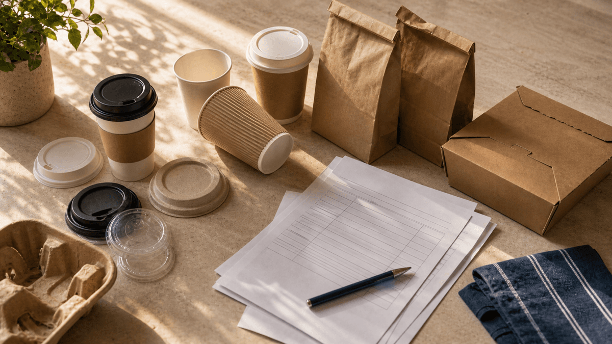 A pile of takeaway coffee cups, lids and paper bags next to a stack of supplier invoices on a café counter