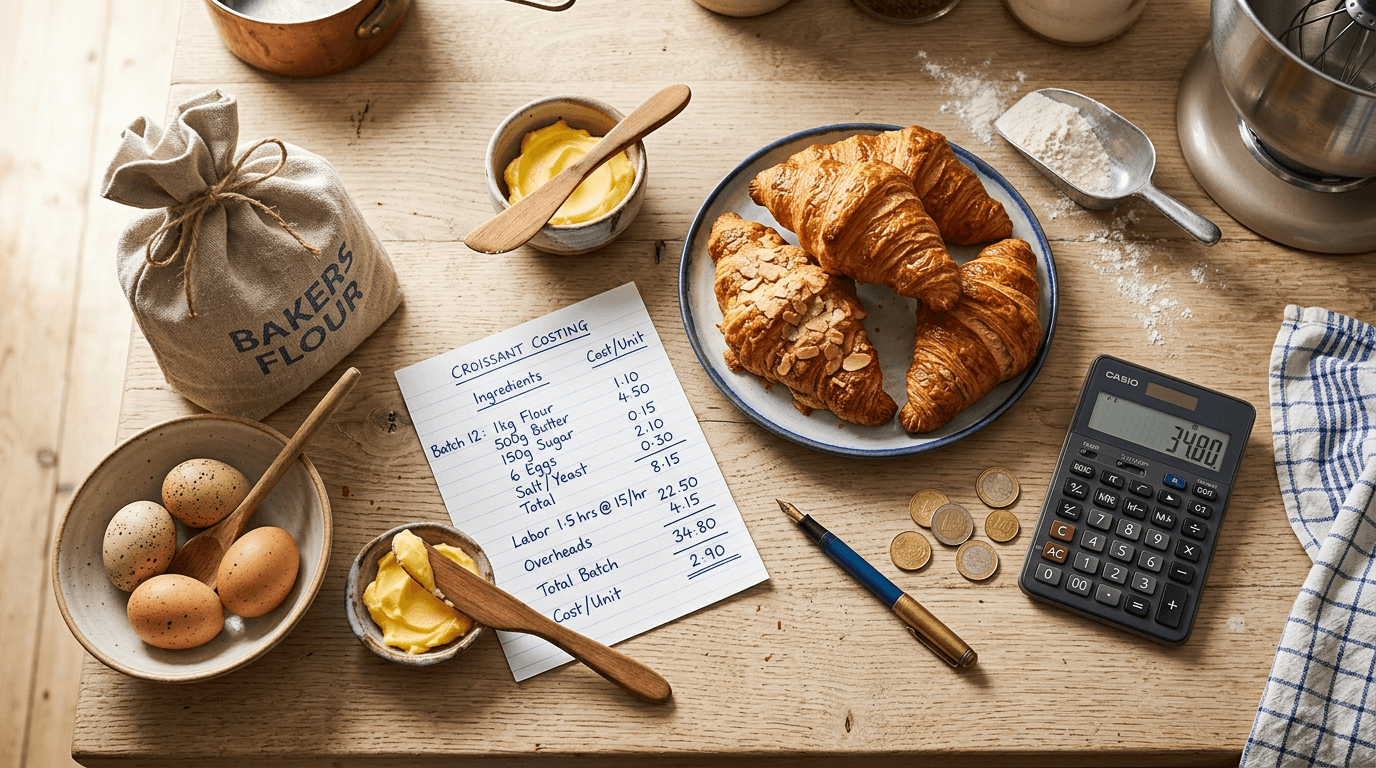 Overhead flat-lay of a café counter with croissants, a handwritten recipe costing sheet, calculator, eggs, flour, and butter
