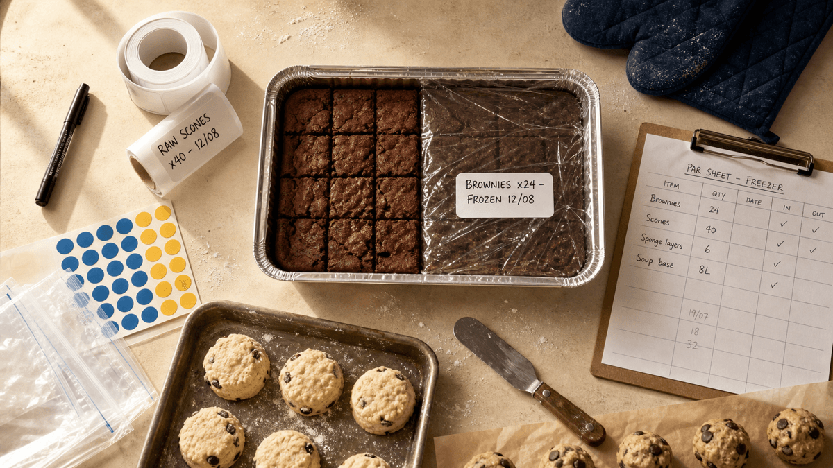 Overhead flat-lay of labelled foil trays of brownies and portioned scones ready for the freezer, with handwritten date labels, coloured day dots and a stock sheet on a cream worktop