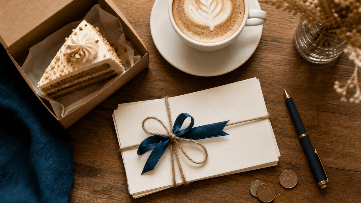 A stack of café gift vouchers tied with ribbon next to a slice of cake on a counter, with a till and a notepad of figures in the background
