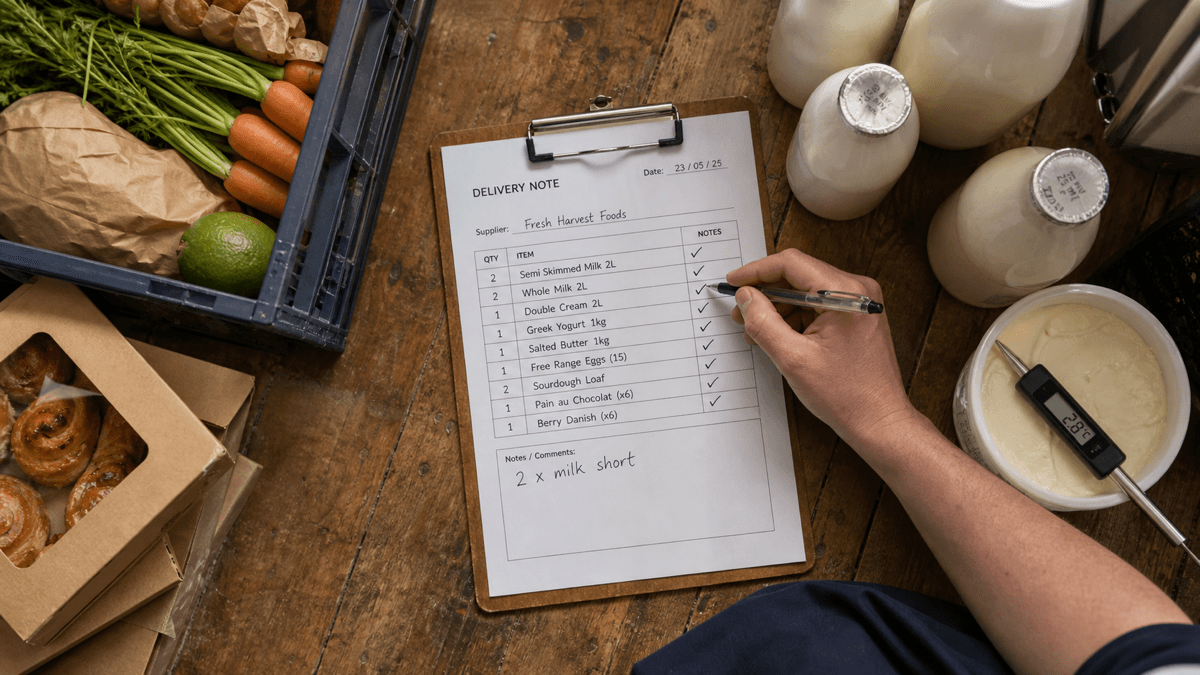 Overhead view of a café back door at delivery time, with a crate of produce, a printed delivery note on a clipboard, a pen and a temperature probe, in warm morning light