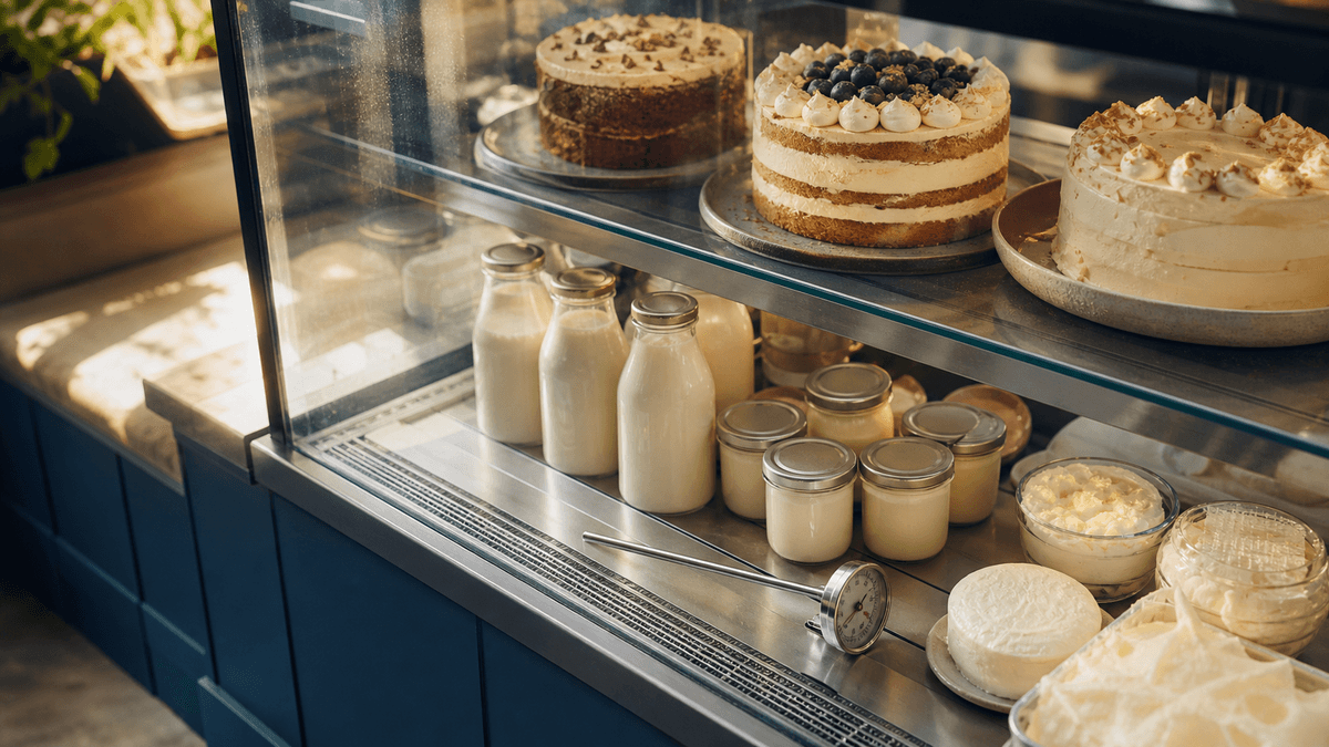 Overhead view of a café chilled display holding fresh-cream cakes, milk and dairy, with a temperature probe resting on the shelf in warm summer light