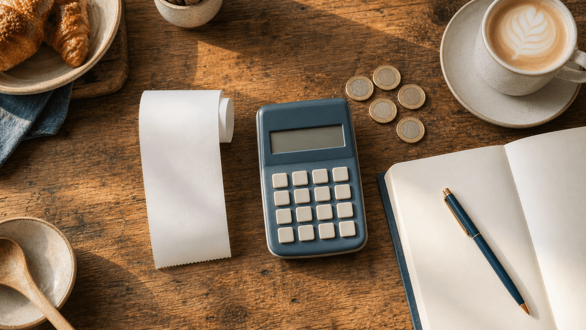 A café till receipt, a calculator and a few coins on a wooden counter beside a flat white, in warm morning light