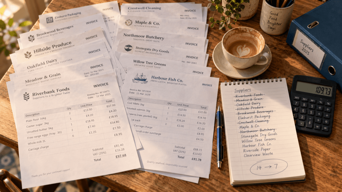 A café back-office desk with a fan of supplier invoices from many different suppliers, a handwritten list of supplier names with several crossed out, a calculator and a coffee, in warm afternoon light