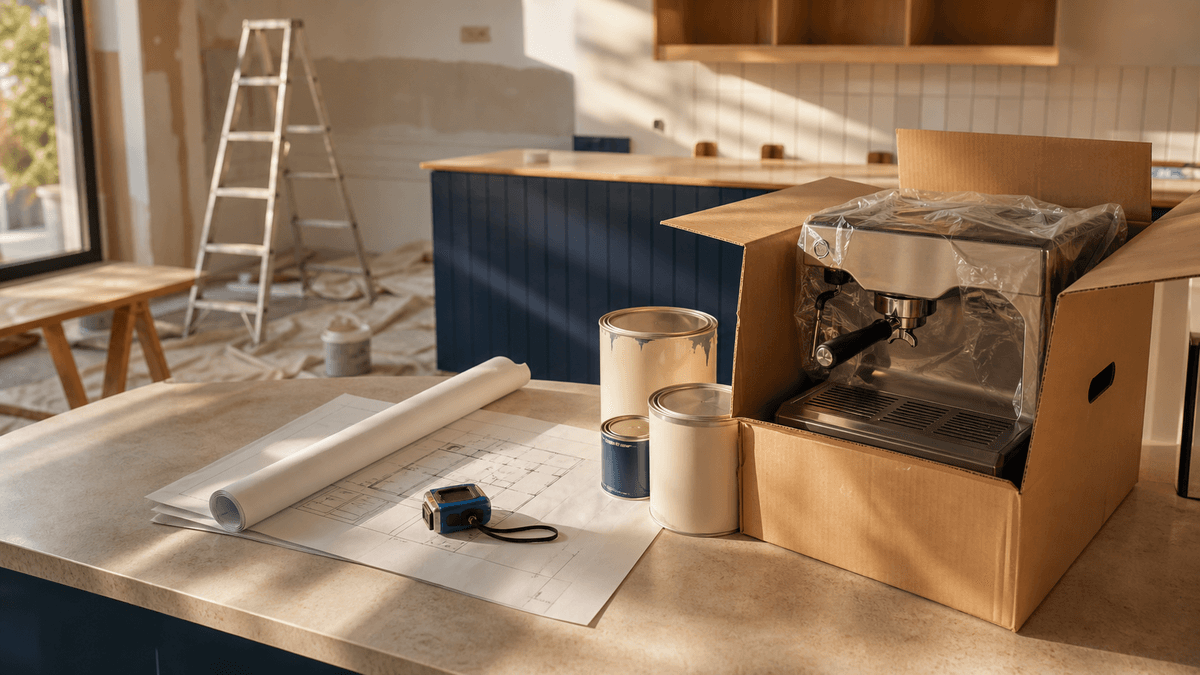 An empty café unit mid fit-out with paint tins, a boxed espresso machine, a tape measure and building plans on the counter, warm golden light
