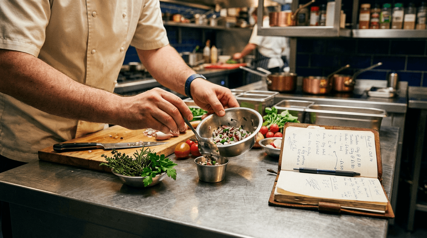 A chef's hands portioning ingredients on a kitchen prep station with a notebook of handwritten costings