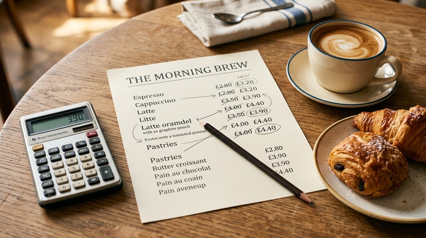 Overhead flat-lay of a café table with a printed menu being redesigned, a pencil next to crossed-out prices, a calculator, coffee, and pastries in warm morning light