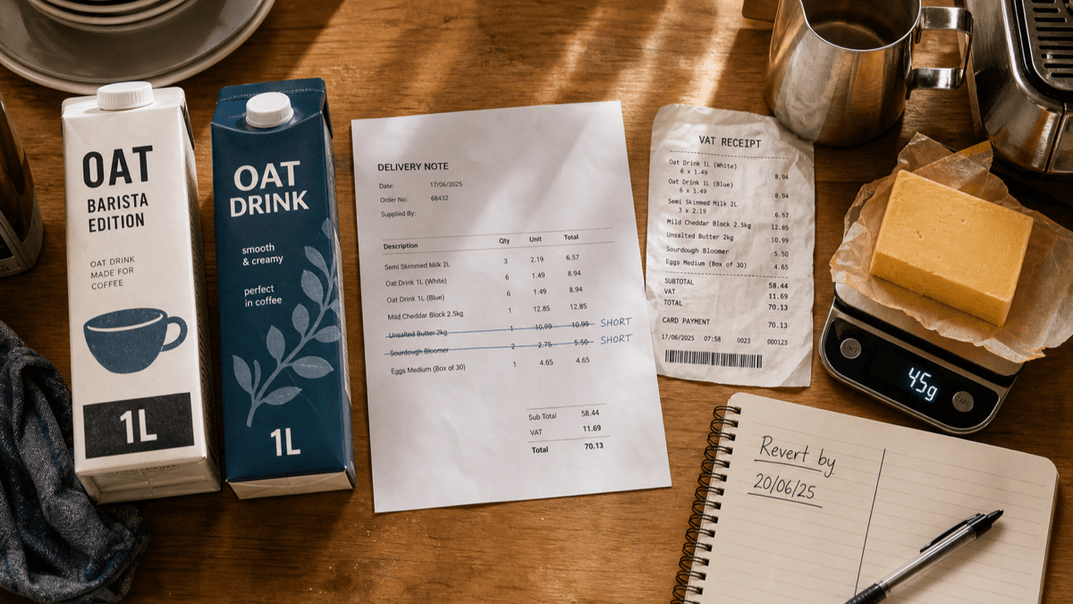 Overhead flat-lay of a café prep bench with two different cartons of oat milk side by side, a supermarket till receipt, a delivery note with shortage lines marked, a block of cheese and scales in warm golden light