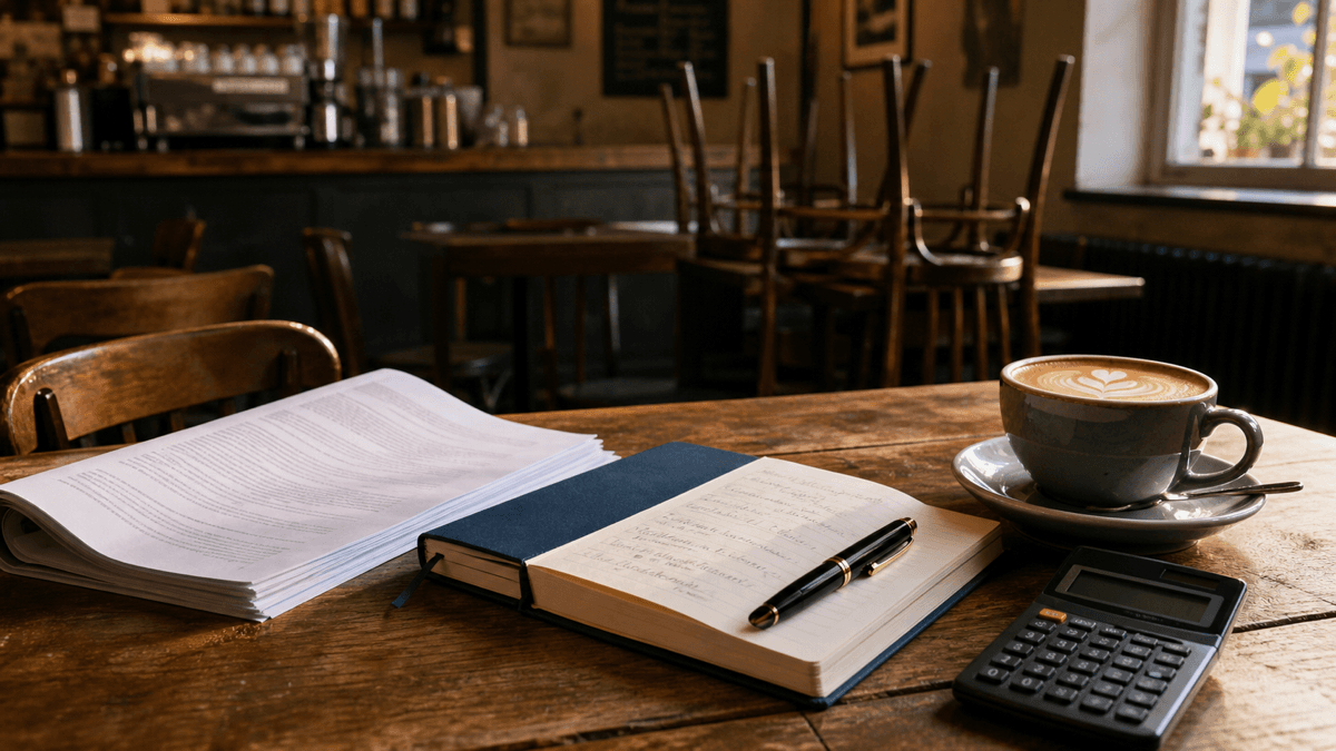 Café owner at a quiet table with a lease document, notebook, pen, calculator and a flat white in late afternoon light