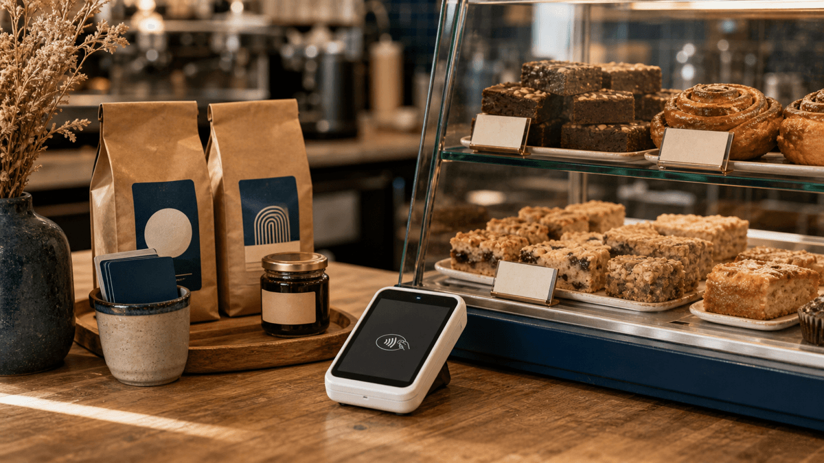 A café till area with a tempting display of cakes and retail items beside the card machine