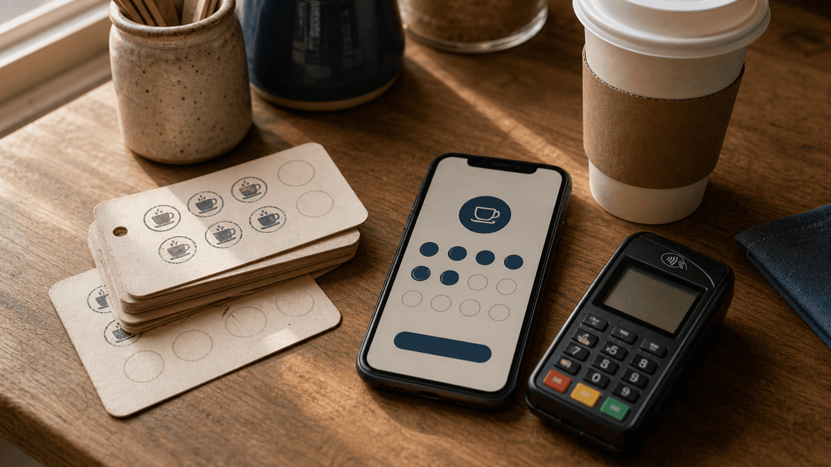 A stack of paper loyalty stamp cards next to a phone showing a café loyalty app and a takeaway coffee cup