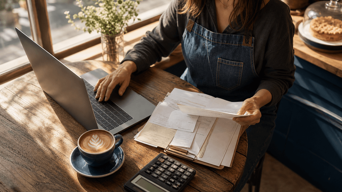 A café owner at a small table with a laptop, a stack of supplier receipts and a calculator, morning coffee beside them, warm light through the window