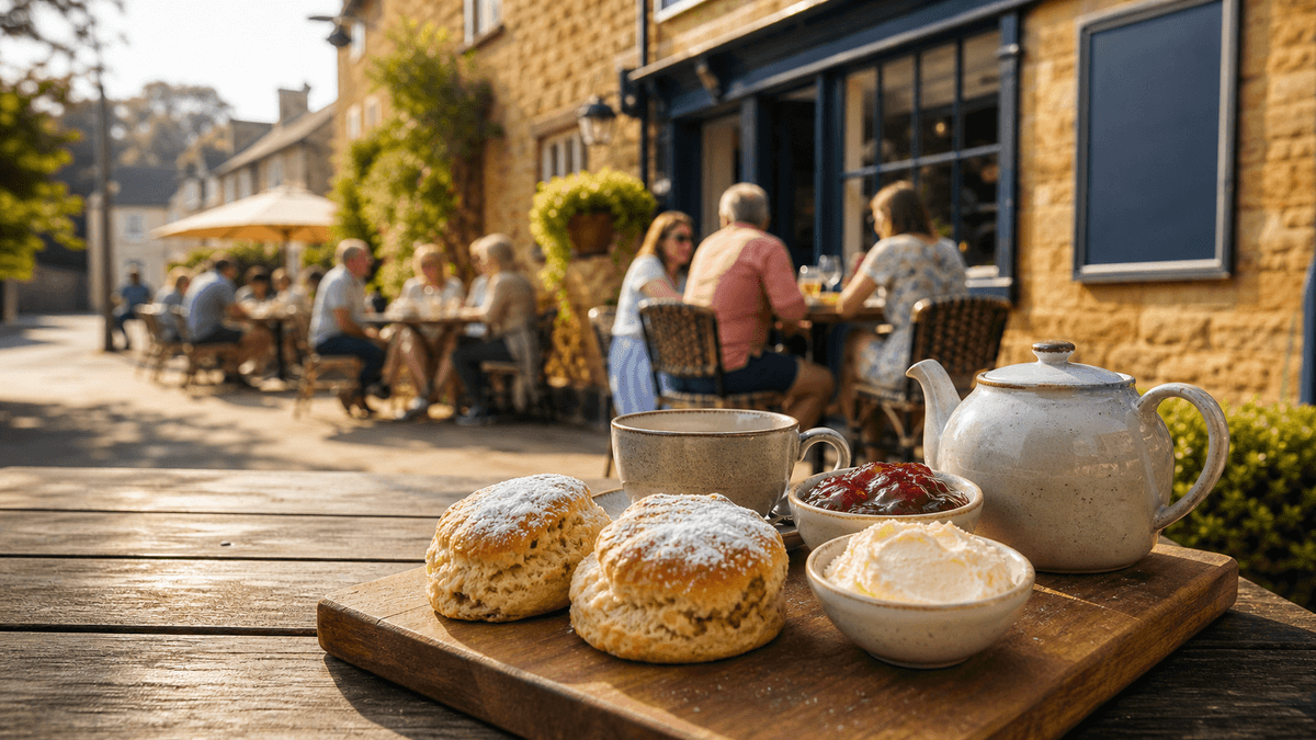 A stone-built Cotswolds village café with outdoor tables in summer sun, a cream tea with scones, jam and clotted cream on the table in the foreground
