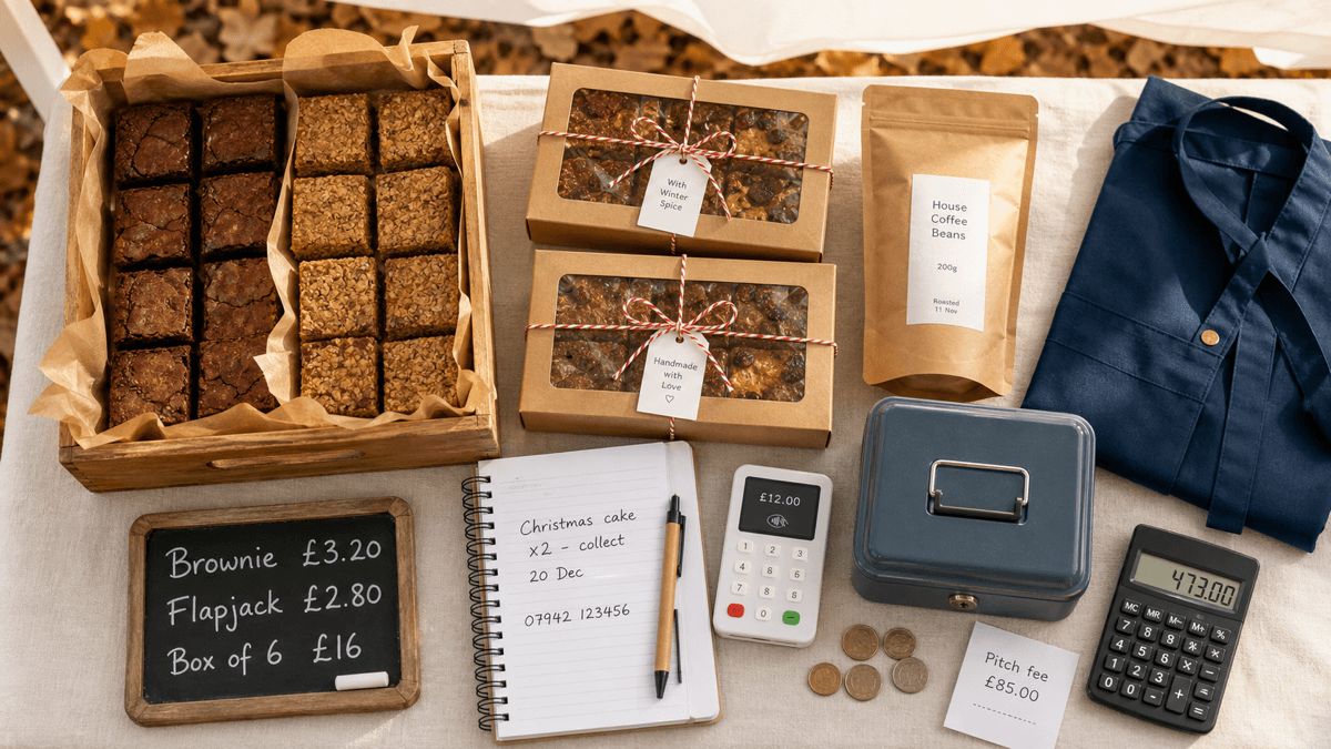 Overhead flat-lay of a market stall table with boxed traybakes, a handwritten price card, an order book, a card reader and a cash float tin