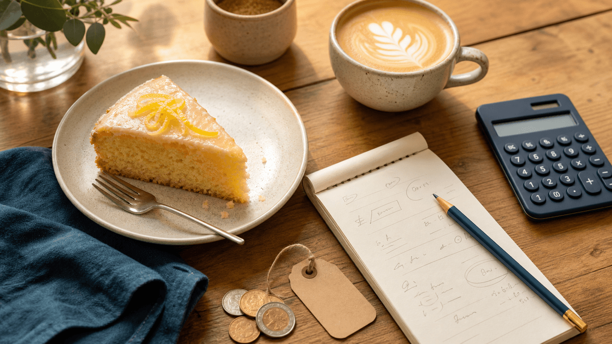 A café counter with a slice of cake on a plate, a printed recipe card, a menu and a calculator showing pricing maths