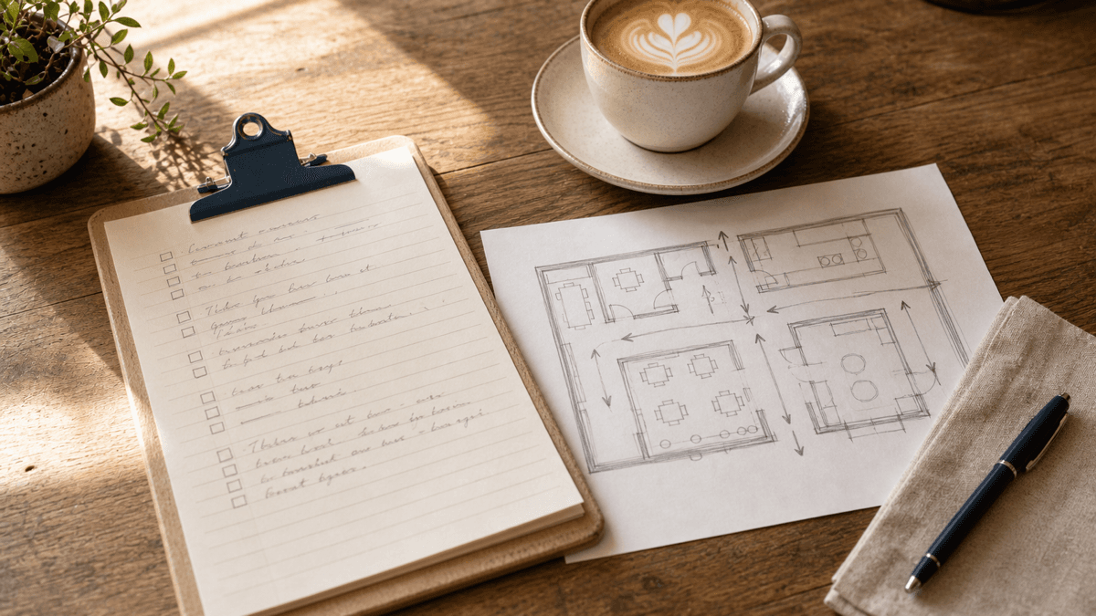 A clipboard with a written staff briefing checklist resting on a café table, next to a coffee and a venue floor plan