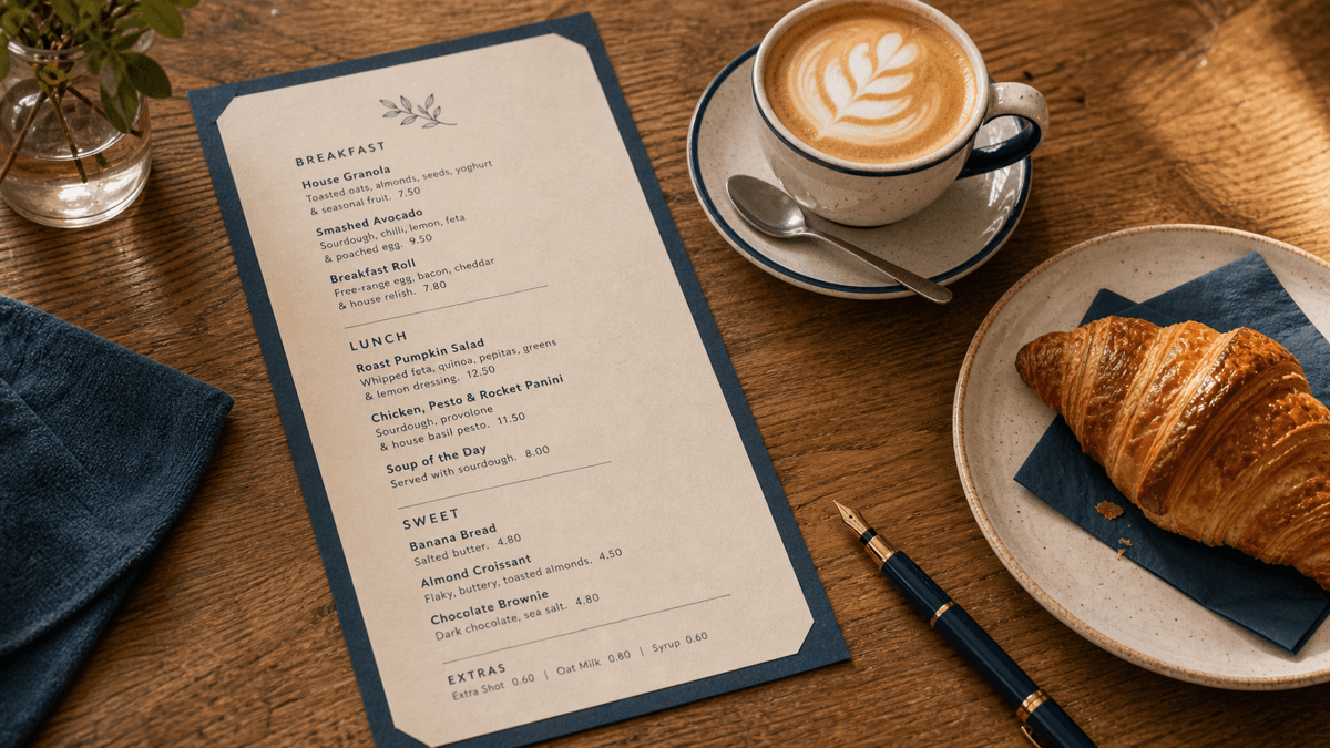 A well-designed café menu card on a wooden table beside a flat white and a croissant, with prices tucked neatly into the dish descriptions