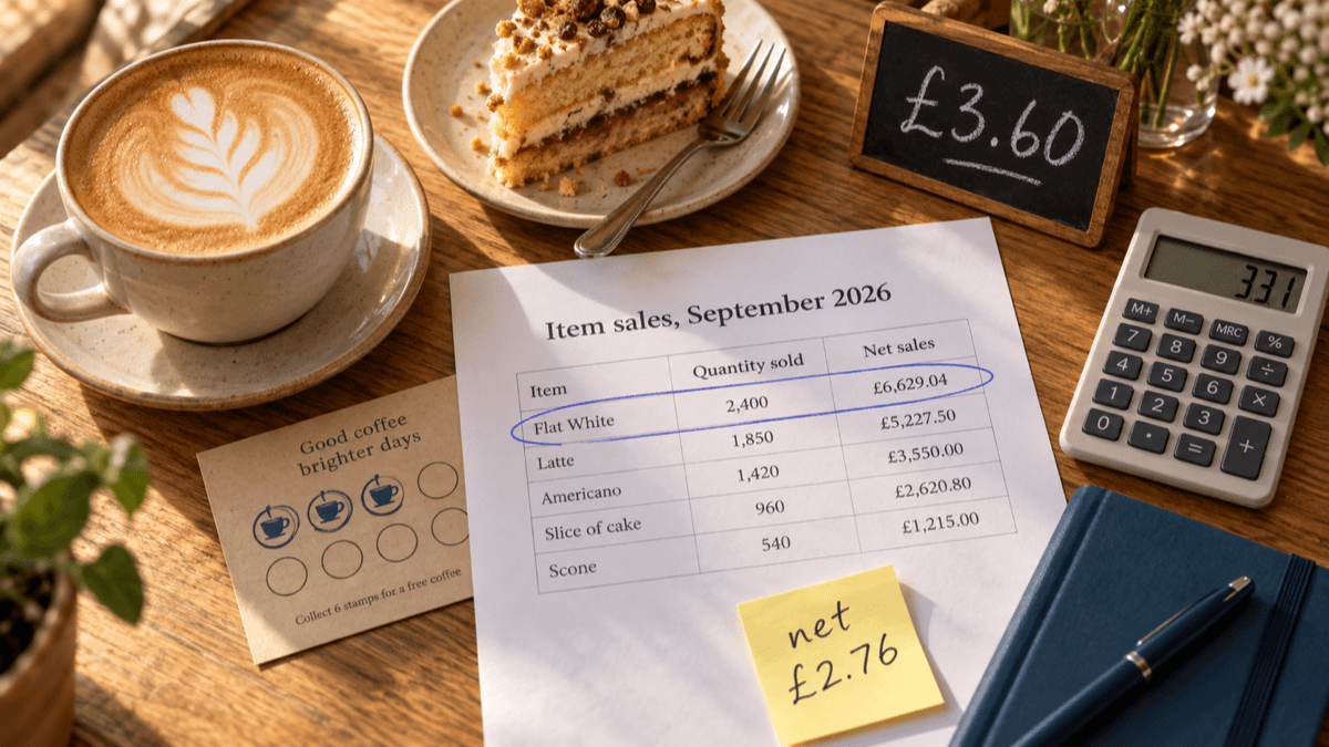 Overhead flat lay of a flat white and a slice of cake beside a printed monthly item sales report with the flat white line circled in pen, a calculator reading 3.31 and a small chalkboard price tag showing £3.60