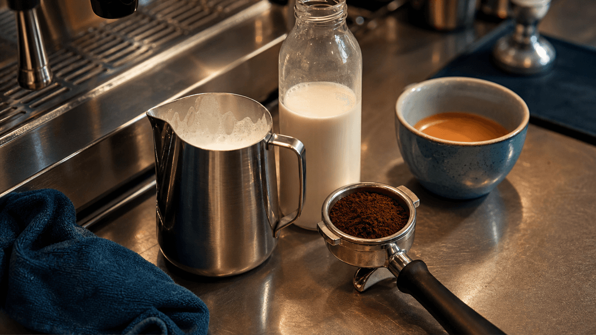 A stainless steel steaming pitcher half full of textured milk being tipped into a sink next to a portafilter, a carton of milk and scattered coffee grounds on a busy café bar