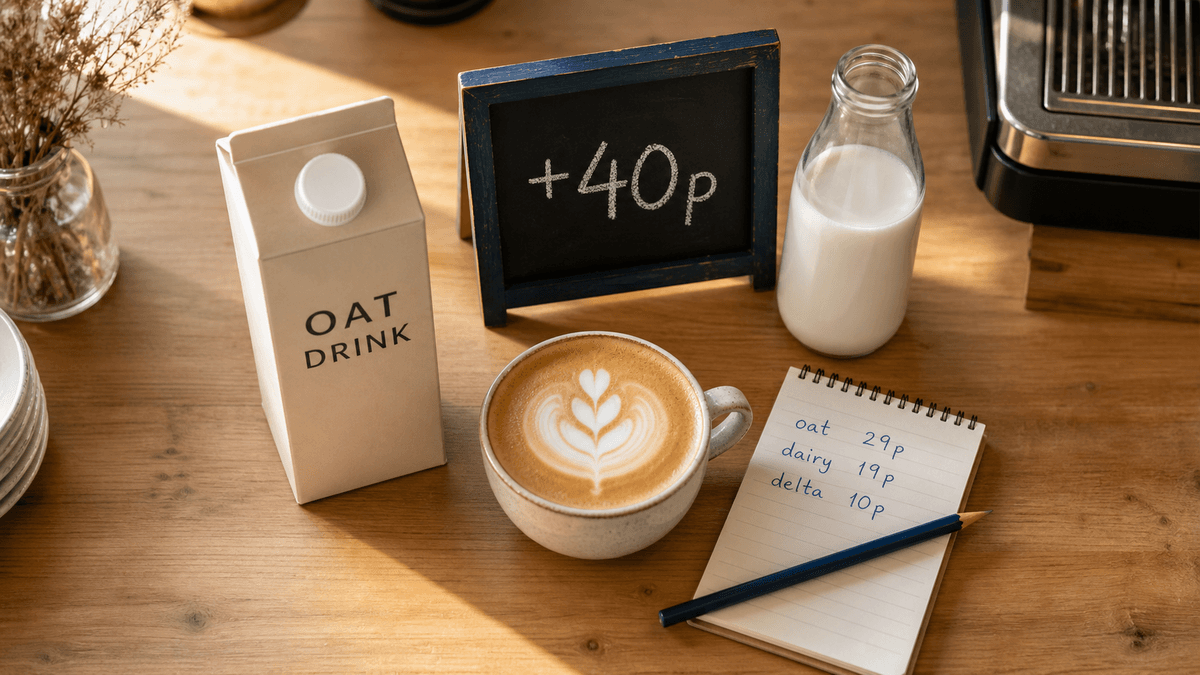 A café counter flat-lay with an oat drink carton, a flat white with latte art, a dairy milk bottle for contrast, a small chalkboard reading plus 40p, and a handwritten cost working on a notepad