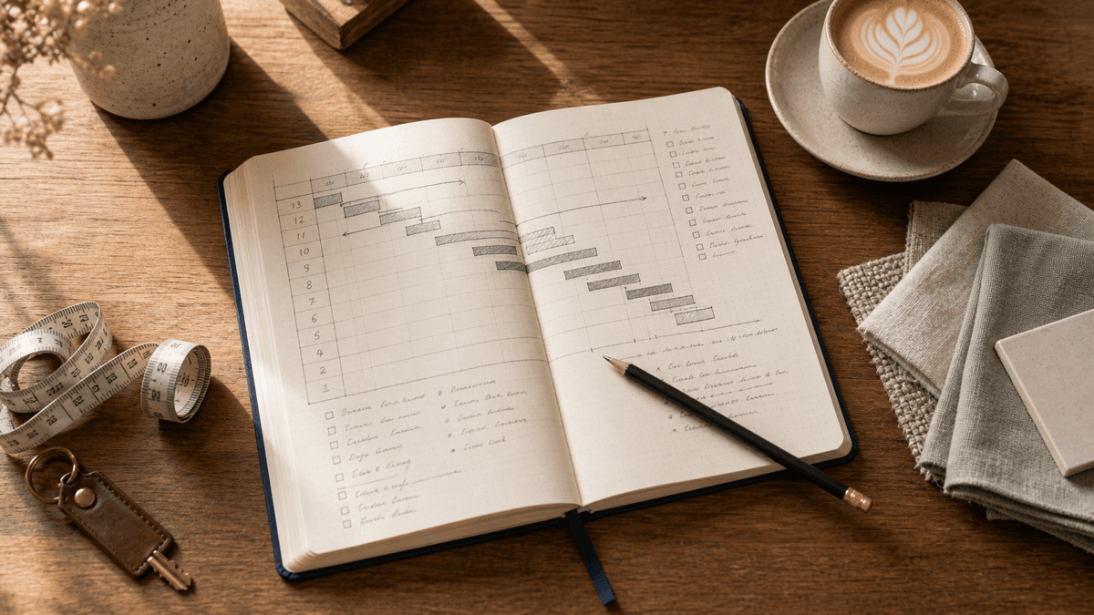 A planning notebook with a 90-day timeline, key shop fit-out fabric samples, and a coffee on a café table