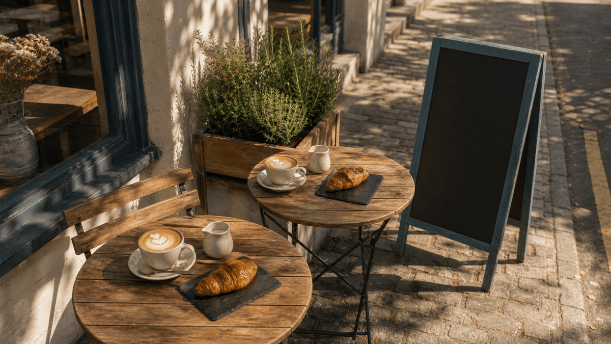 Sunny British café pavement scene with two wooden bistro tables and chalkboard A-frame at the kerb