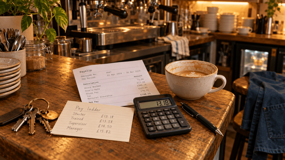 A café back counter after close with a set of shop keys on a brass ring beside a handwritten pay ladder card listing Starter, Trained, Supervisor and Manager with hourly rates, a calculator showing 13.18, a printed payslip and a flat white in warm lamplight