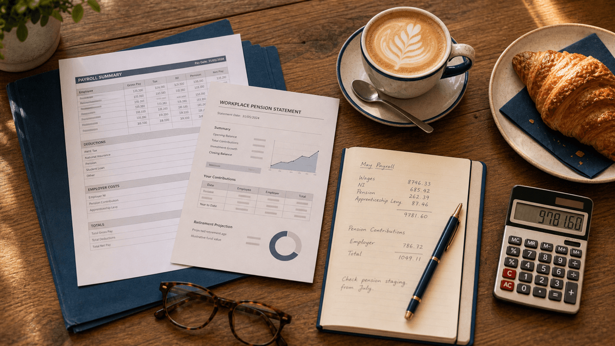 A café owner reviewing payroll and pension paperwork at a table with a coffee