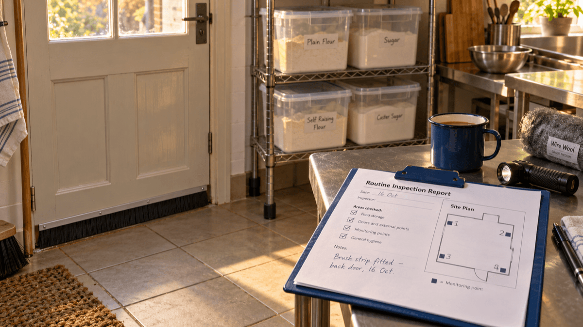 The back door of a café kitchen at dawn with a new brush strip fitted along the bottom, a clipboard on a steel shelf holding a pest control visit report and a bait station map, a torch and a mug of tea beside it, in soft autumn light